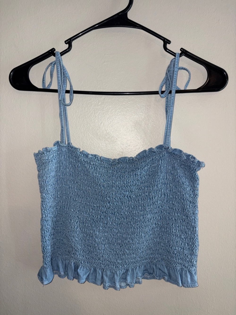 She + Sky - Blue Smocked Tie-Shoulder Crop Top